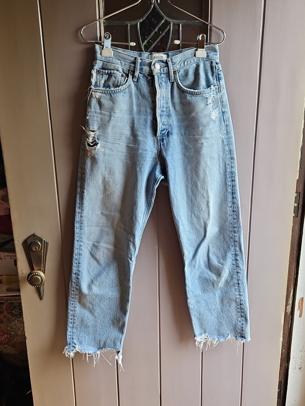 Agolde 90's Cropped Light Wash Distressed High-Rise Jeans